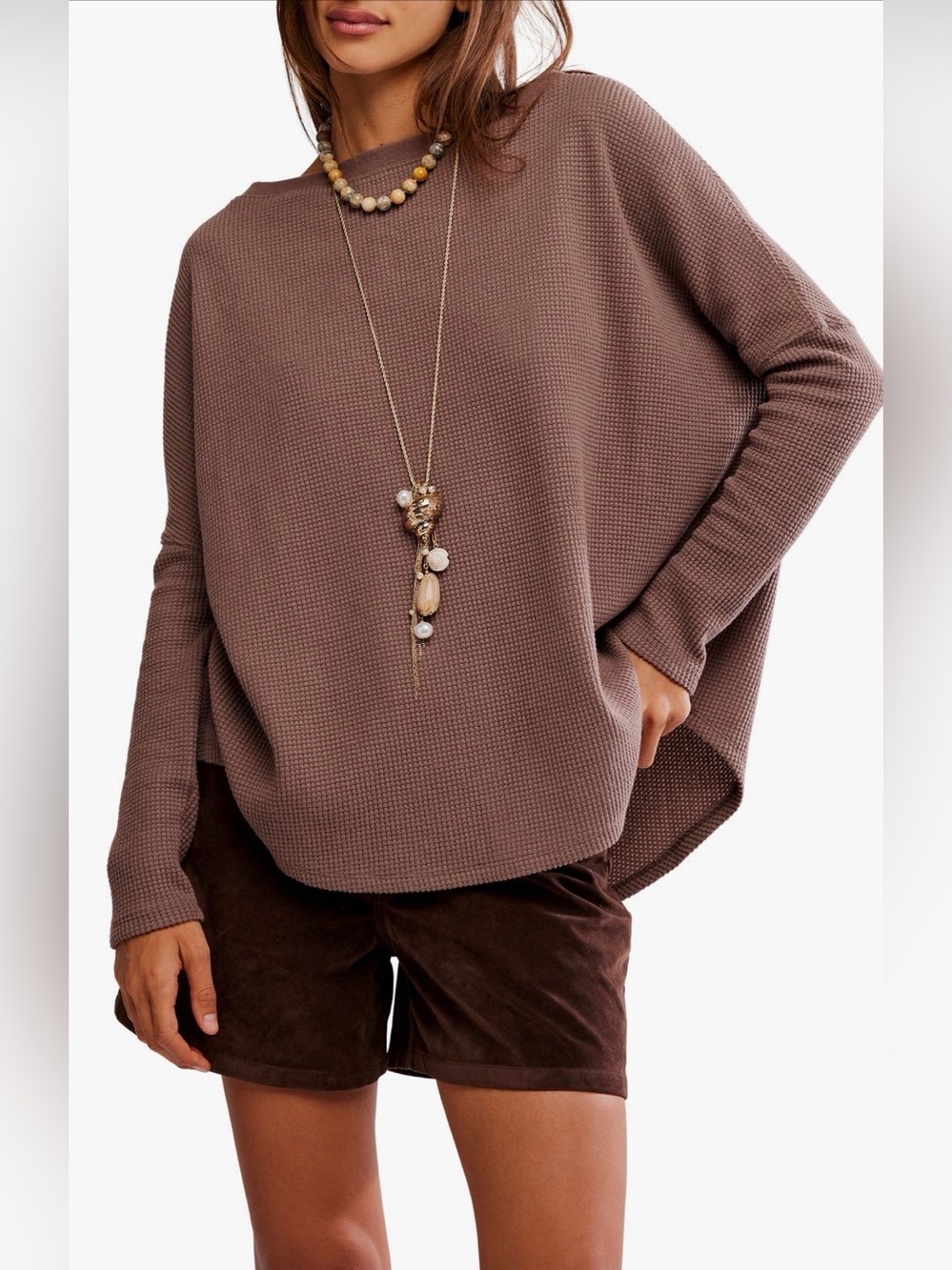 Free People Latte Blue Oversize Thermal Top - Picture 1 of 5